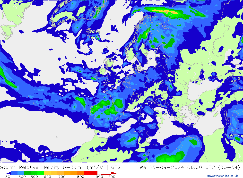 Storm Relative Helicity GFS Qua 25.09.2024 06 UTC