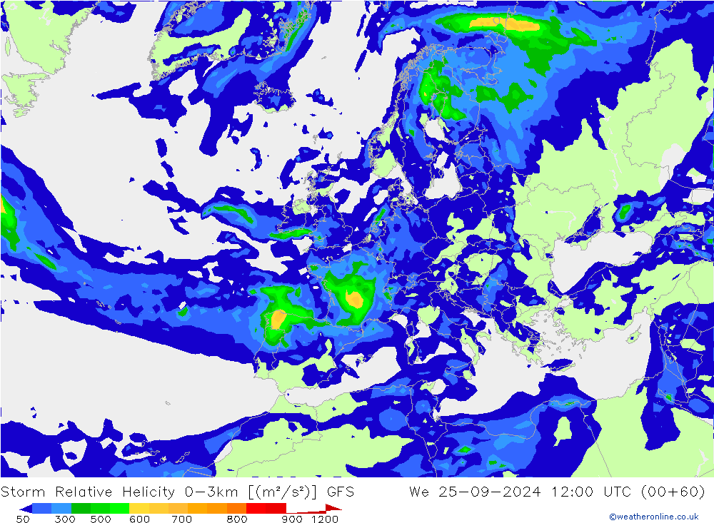 Storm Relative Helicity GFS śro. 25.09.2024 12 UTC