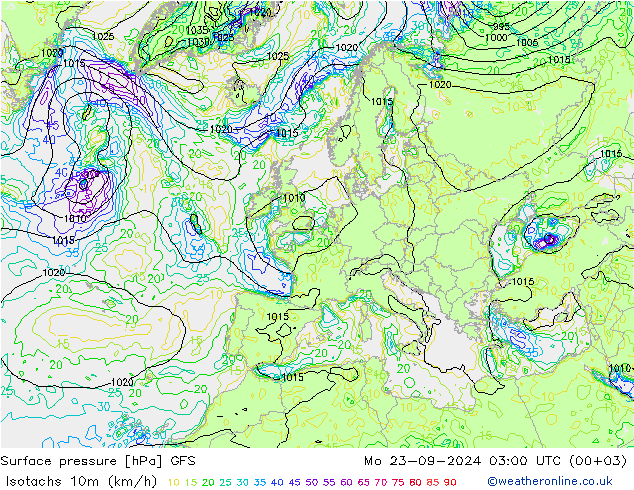 Isotachen (km/h) GFS Mo 23.09.2024 03 UTC