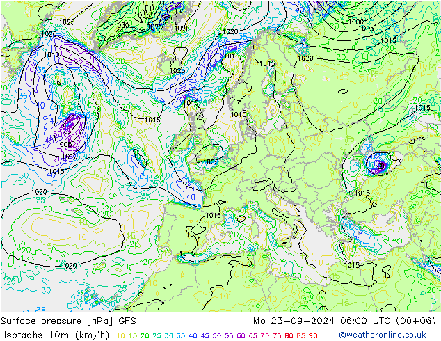 Isotachs (kph) GFS пн 23.09.2024 06 UTC