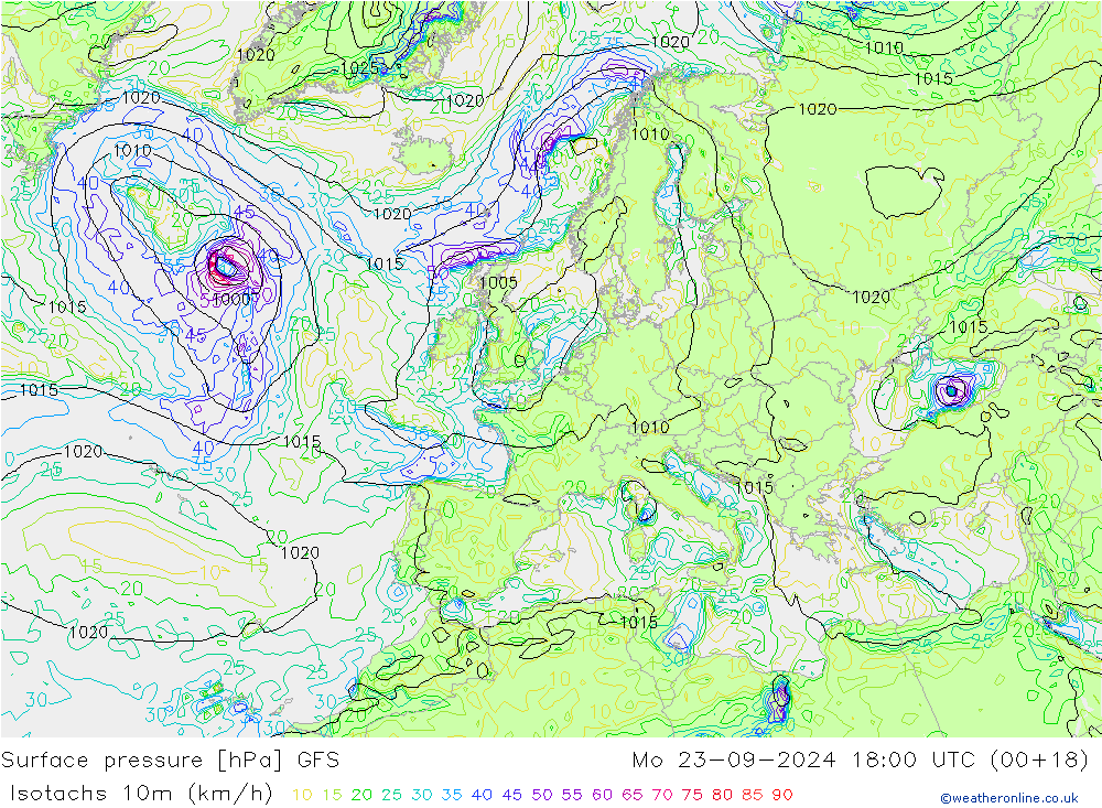 Isotachs (kph) GFS lun 23.09.2024 18 UTC