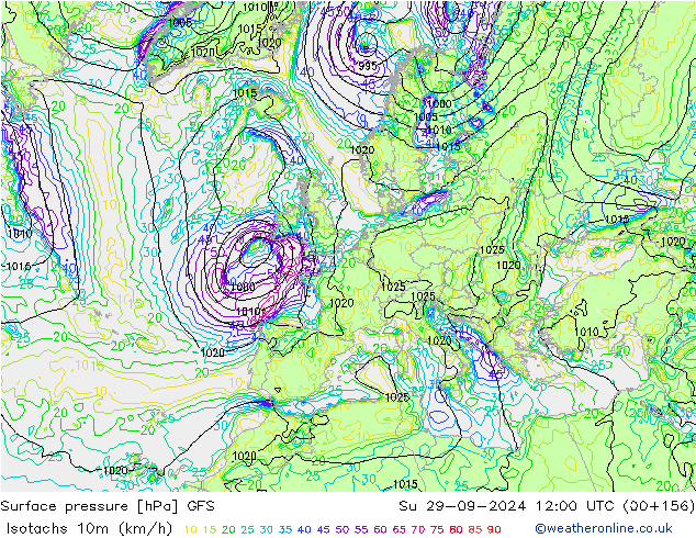 Eşrüzgar Hızları (km/sa) GFS Paz 29.09.2024 12 UTC