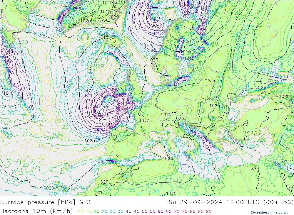 Eşrüzgar Hızları (km/sa) GFS Paz 29.09.2024 12 UTC