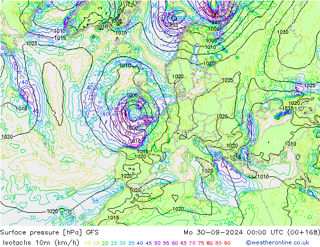 Isotachen (km/h) GFS Mo 30.09.2024 00 UTC