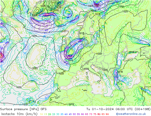 Isotachen (km/h) GFS di 01.10.2024 06 UTC