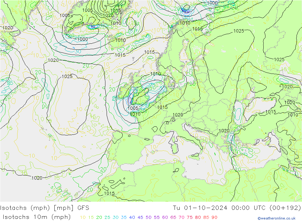 Isotachen (mph) GFS Di 01.10.2024 00 UTC