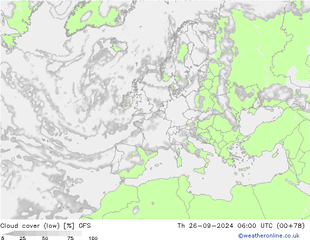 Cloud cover (low) GFS Th 26.09.2024 06 UTC