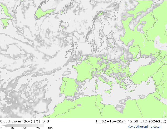 Cloud cover (low) GFS Th 03.10.2024 12 UTC