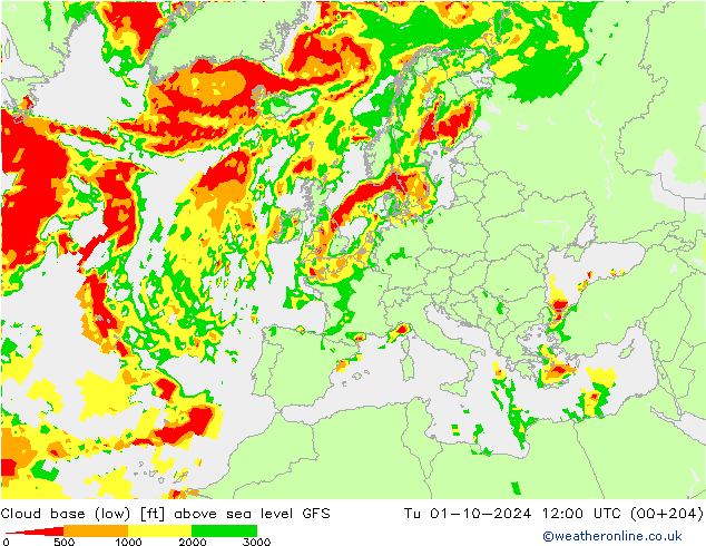 Cloud base (low) GFS Tu 01.10.2024 12 UTC