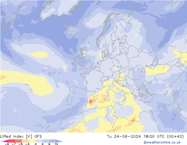 Lifted Index GFS Út 24.09.2024 18 UTC