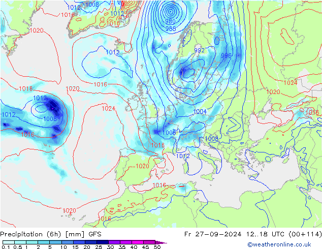 Precipitation (6h) GFS Pá 27.09.2024 18 UTC