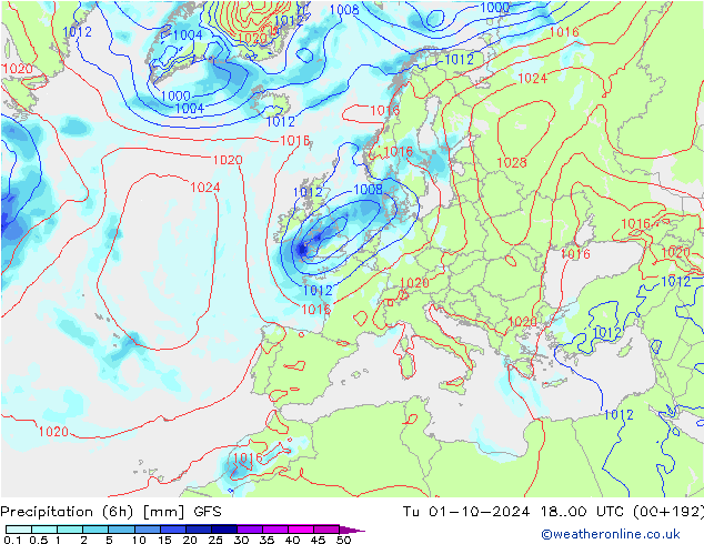 Precipitation (6h) GFS Út 01.10.2024 00 UTC