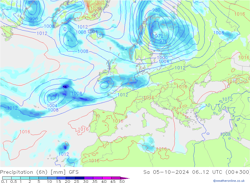 Z500/Rain (+SLP)/Z850 GFS Sa 05.10.2024 12 UTC