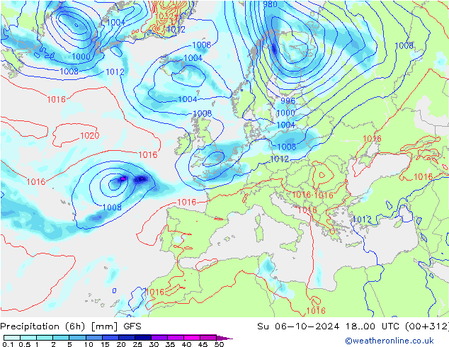 Z500/Rain (+SLP)/Z850 GFS Su 06.10.2024 00 UTC