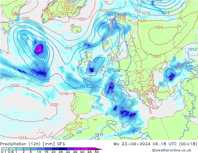 降水量 (12h) GFS 星期一 23.09.2024 18 UTC