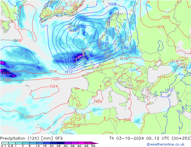 opad (12h) GFS czw. 03.10.2024 12 UTC