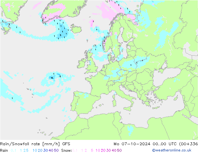 Rain/Snowfall rate GFS lun 07.10.2024 00 UTC