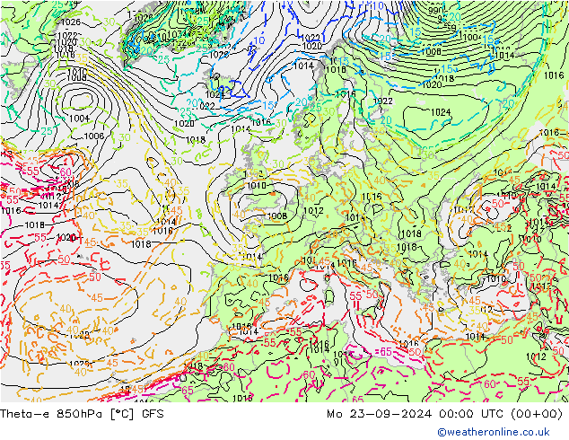 Theta-e 850hPa GFS lun 23.09.2024 00 UTC