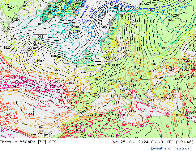 Theta-e 850hPa GFS We 25.09.2024 00 UTC