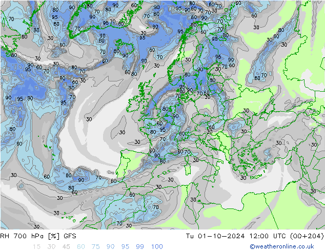 RH 700 hPa GFS Tu 01.10.2024 12 UTC