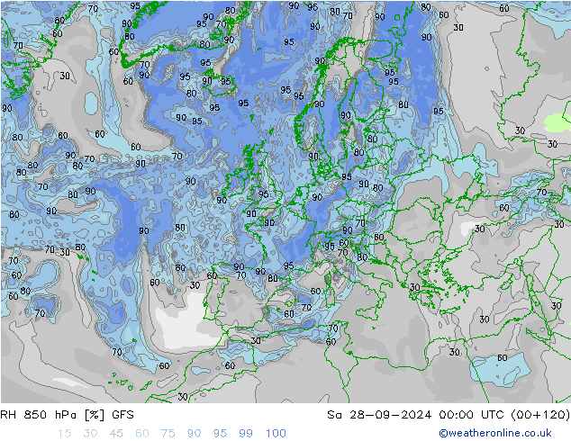 Humidité rel. 850 hPa GFS sam 28.09.2024 00 UTC