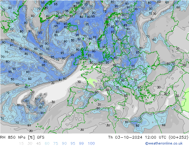 Humidité rel. 850 hPa GFS jeu 03.10.2024 12 UTC