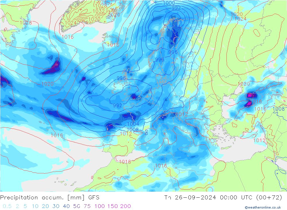 Precipitation accum. GFS Th 26.09.2024 00 UTC