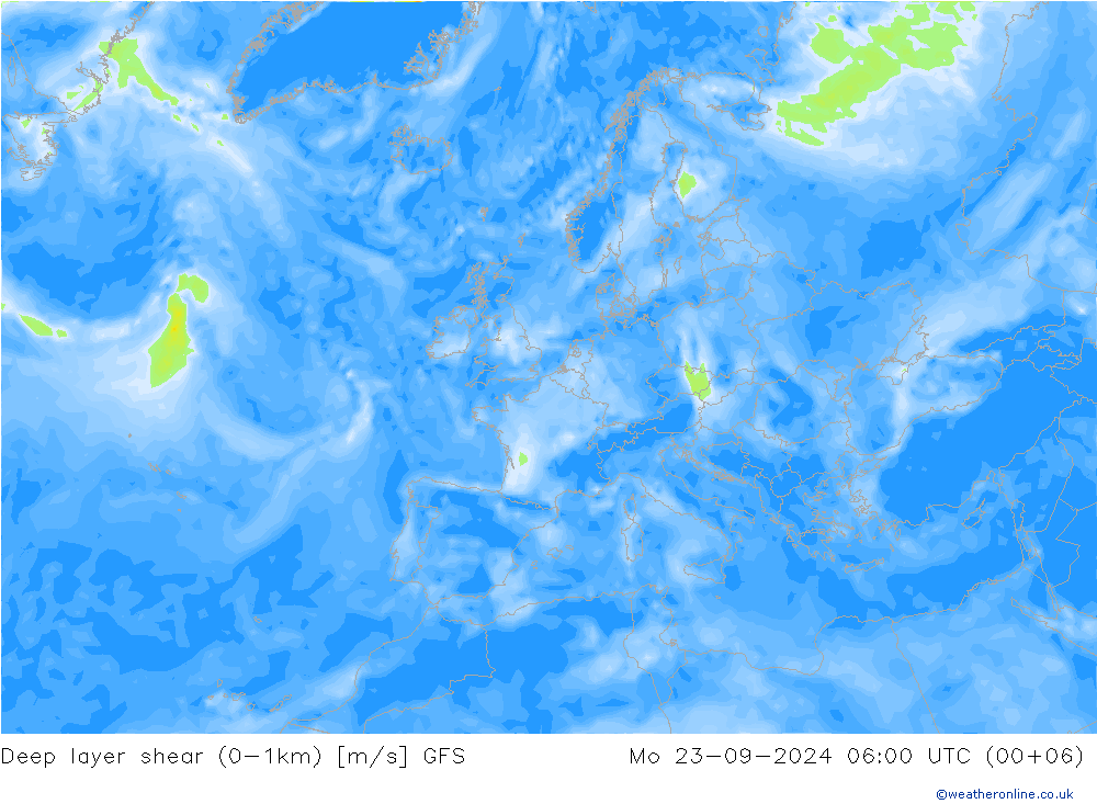 Deep layer shear (0-1km) GFS пн 23.09.2024 06 UTC