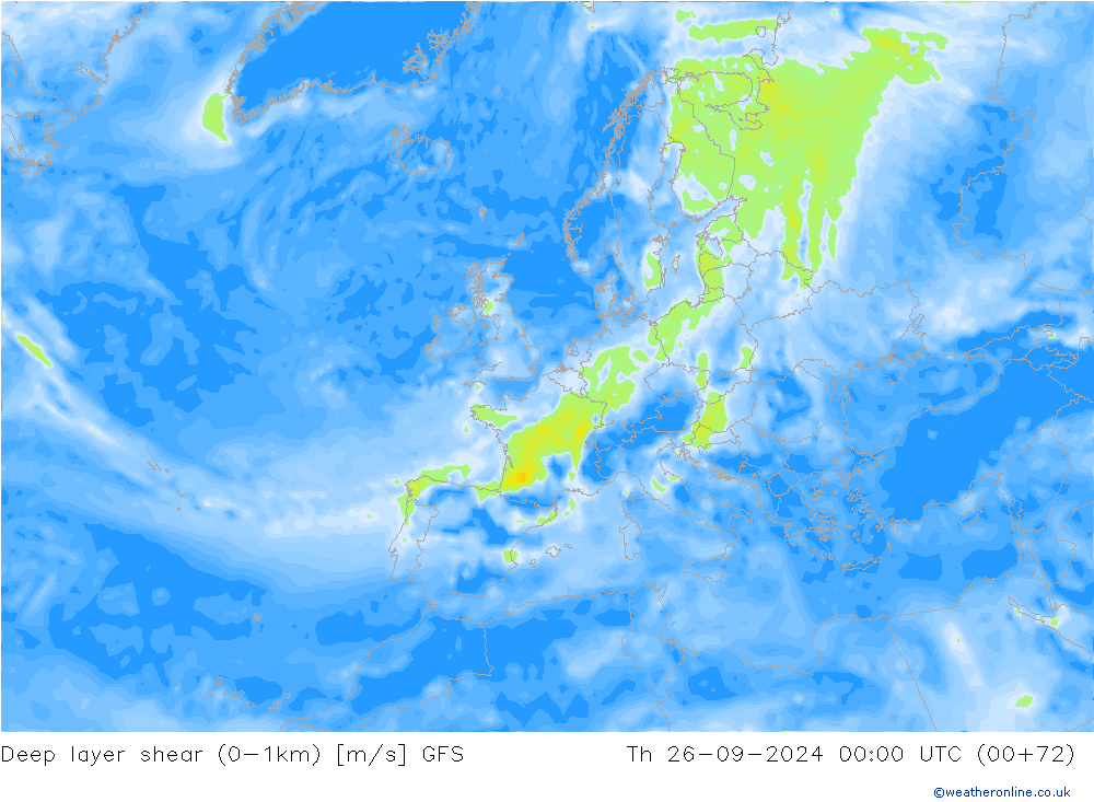 Deep layer shear (0-1km) GFS jue 26.09.2024 00 UTC