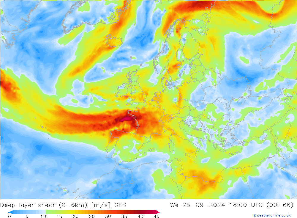 Deep layer shear (0-6km) GFS Çar 25.09.2024 18 UTC