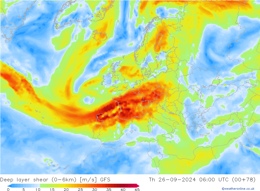 Deep layer shear (0-6km) GFS Per 26.09.2024 06 UTC