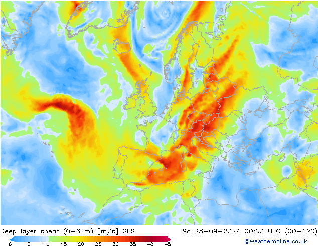 Deep layer shear (0-6km) GFS za 28.09.2024 00 UTC