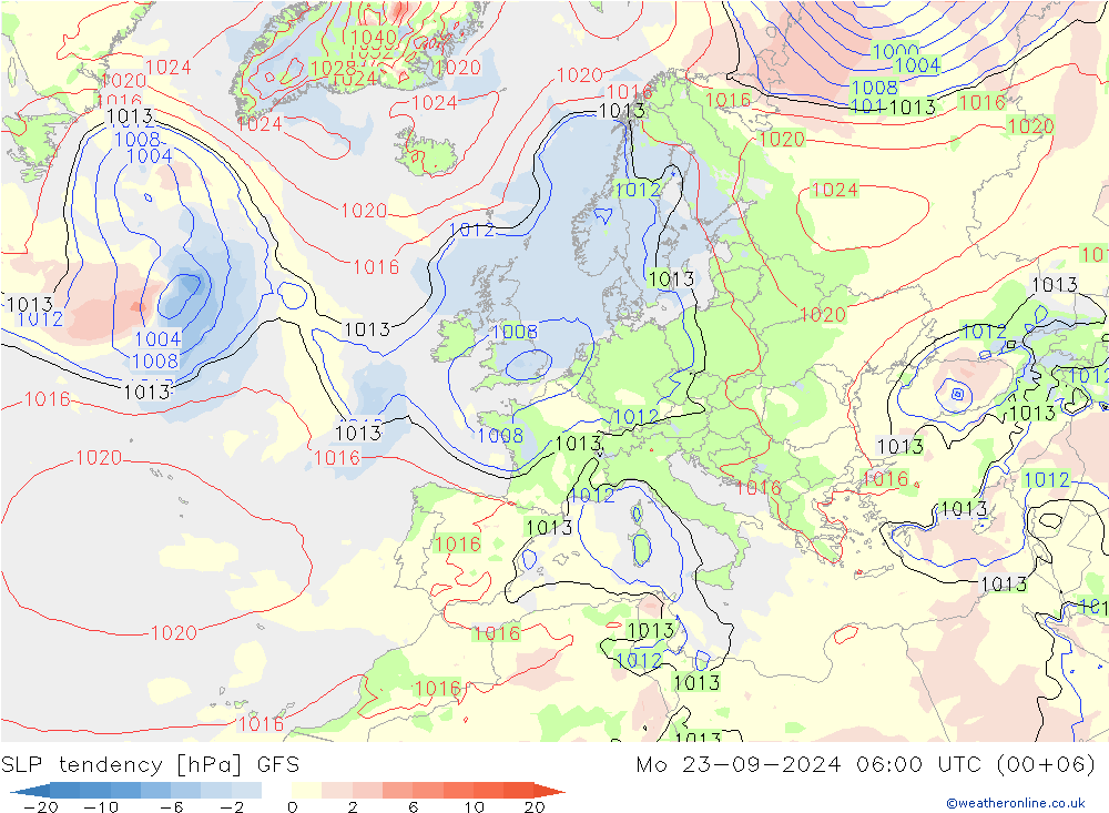 SLP tendency GFS Mo 23.09.2024 06 UTC