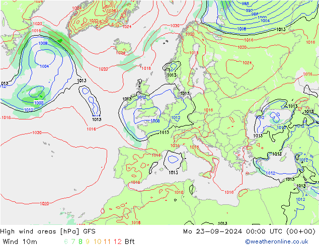 High wind areas GFS Mo 23.09.2024 00 UTC