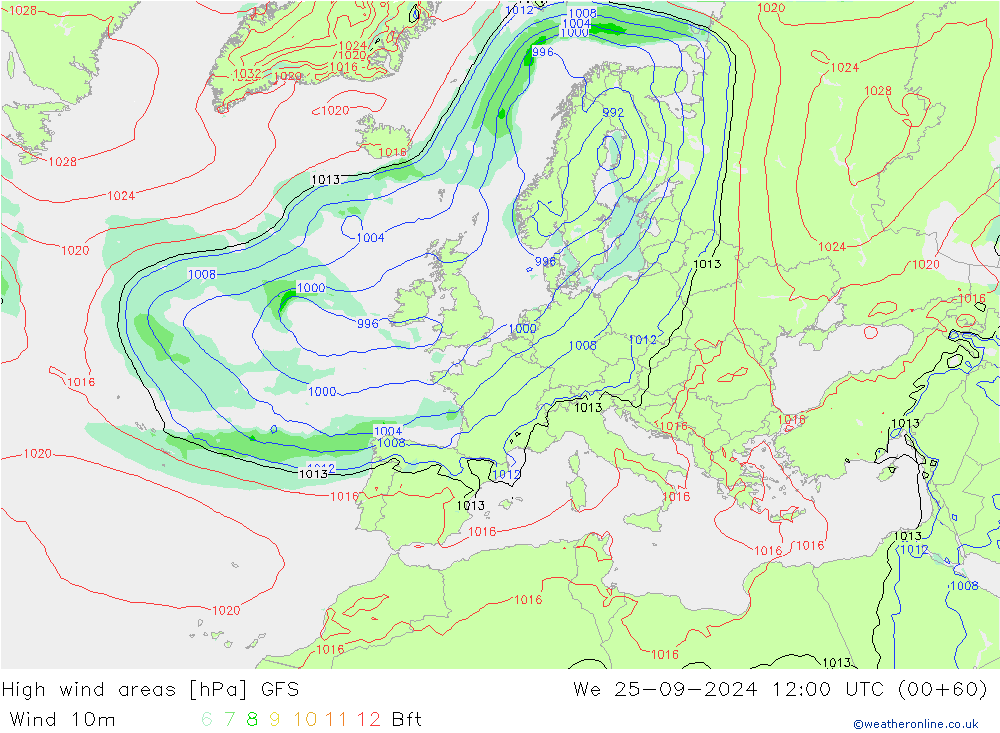 High wind areas GFS We 25.09.2024 12 UTC