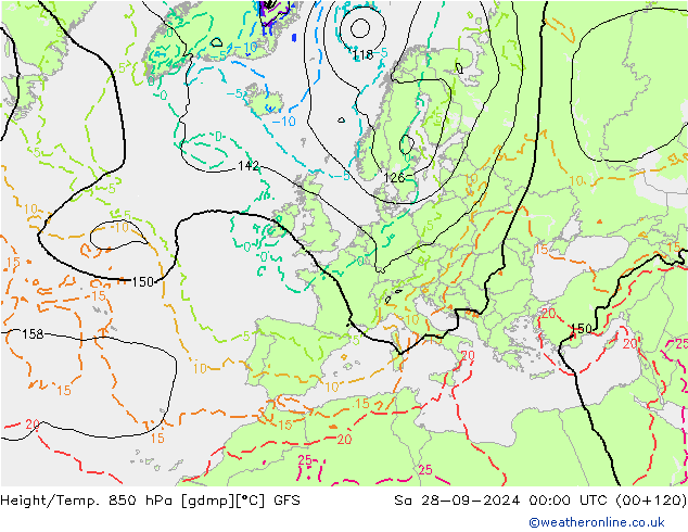 Geop./Temp. 850 hPa GFS sáb 28.09.2024 00 UTC