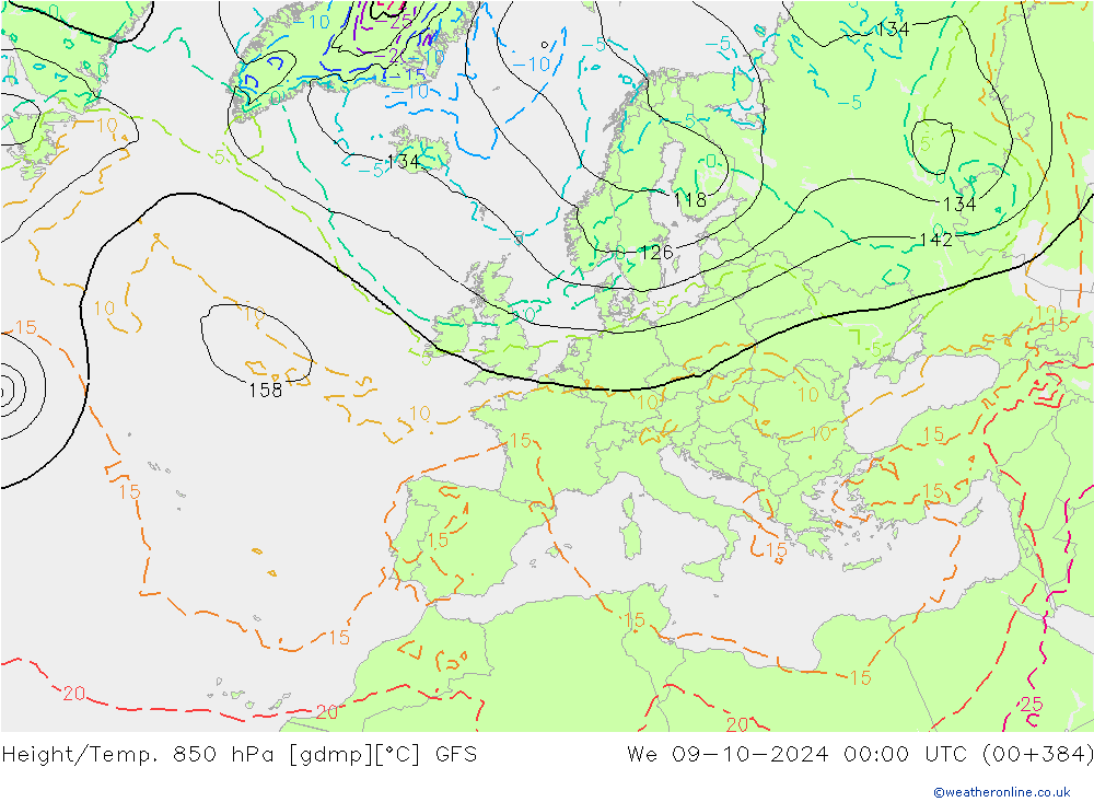 Height/Temp. 850 hPa GFS mer 09.10.2024 00 UTC