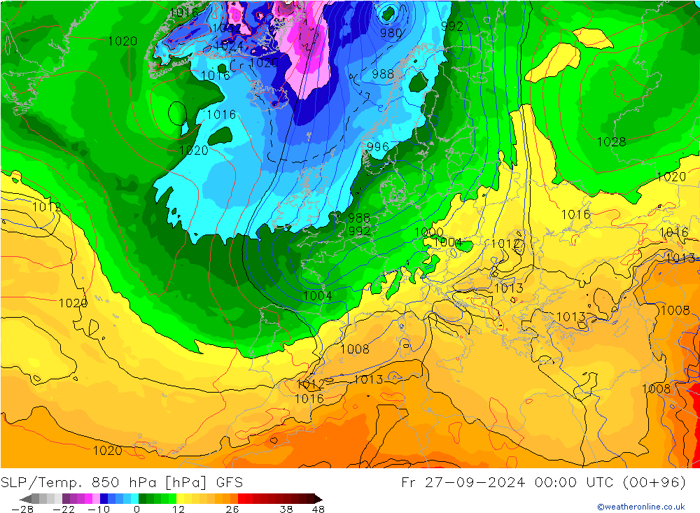 SLP/Temp. 850 hPa GFS  27.09.2024 00 UTC