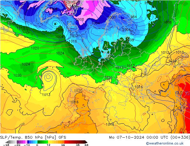 SLP/Temp. 850 hPa GFS Po 07.10.2024 00 UTC