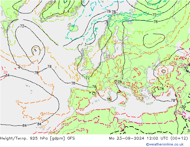 Height/Temp. 925 hPa GFS Mo 23.09.2024 12 UTC