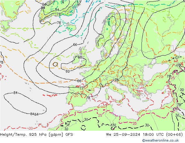 Height/Temp. 925 hPa GFS mer 25.09.2024 18 UTC