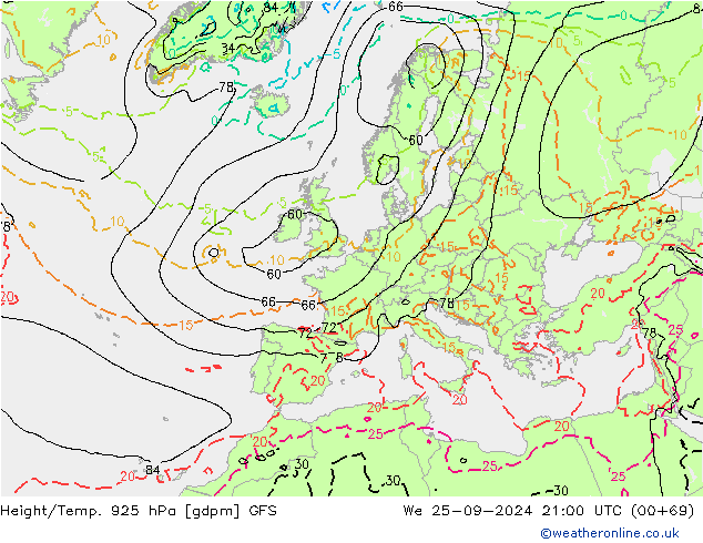 Height/Temp. 925 hPa GFS We 25.09.2024 21 UTC