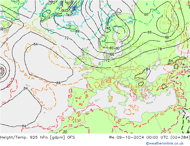 Géop./Temp. 925 hPa GFS mer 09.10.2024 00 UTC