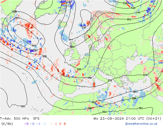 T-Adv. 500 hPa GFS Seg 23.09.2024 21 UTC