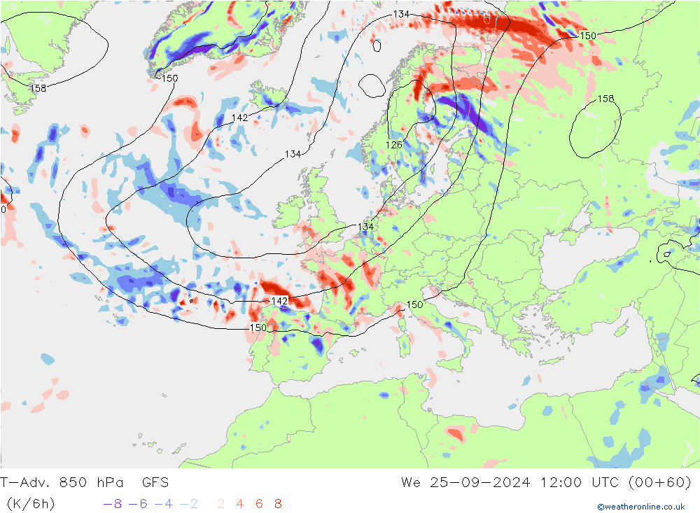 T-Adv. 850 гПа GFS ср 25.09.2024 12 UTC