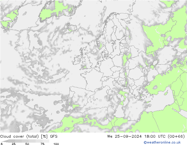 zachmurzenie (suma) GFS śro. 25.09.2024 18 UTC