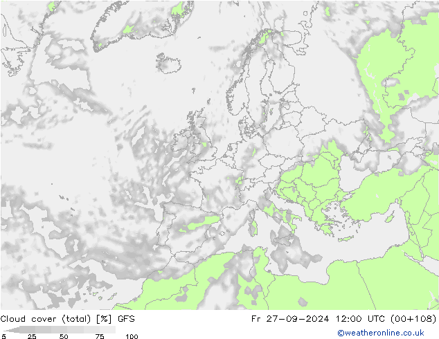 Cloud cover (total) GFS Fr 27.09.2024 12 UTC