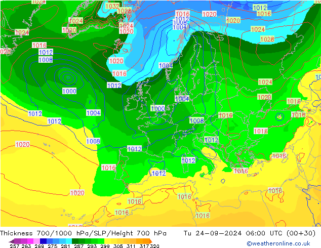 Thck 700-1000 hPa GFS Tu 24.09.2024 06 UTC