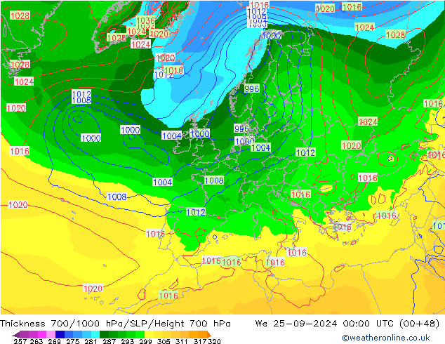 Schichtdicke 700-1000 hPa GFS Mi 25.09.2024 00 UTC