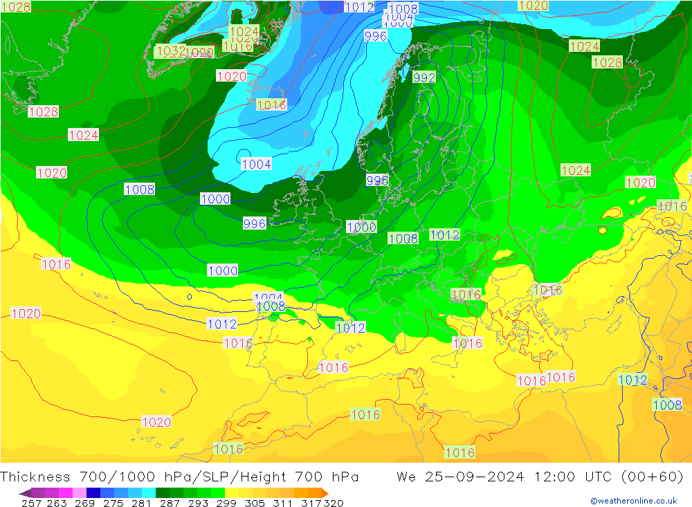 Thck 700-1000 hPa GFS We 25.09.2024 12 UTC